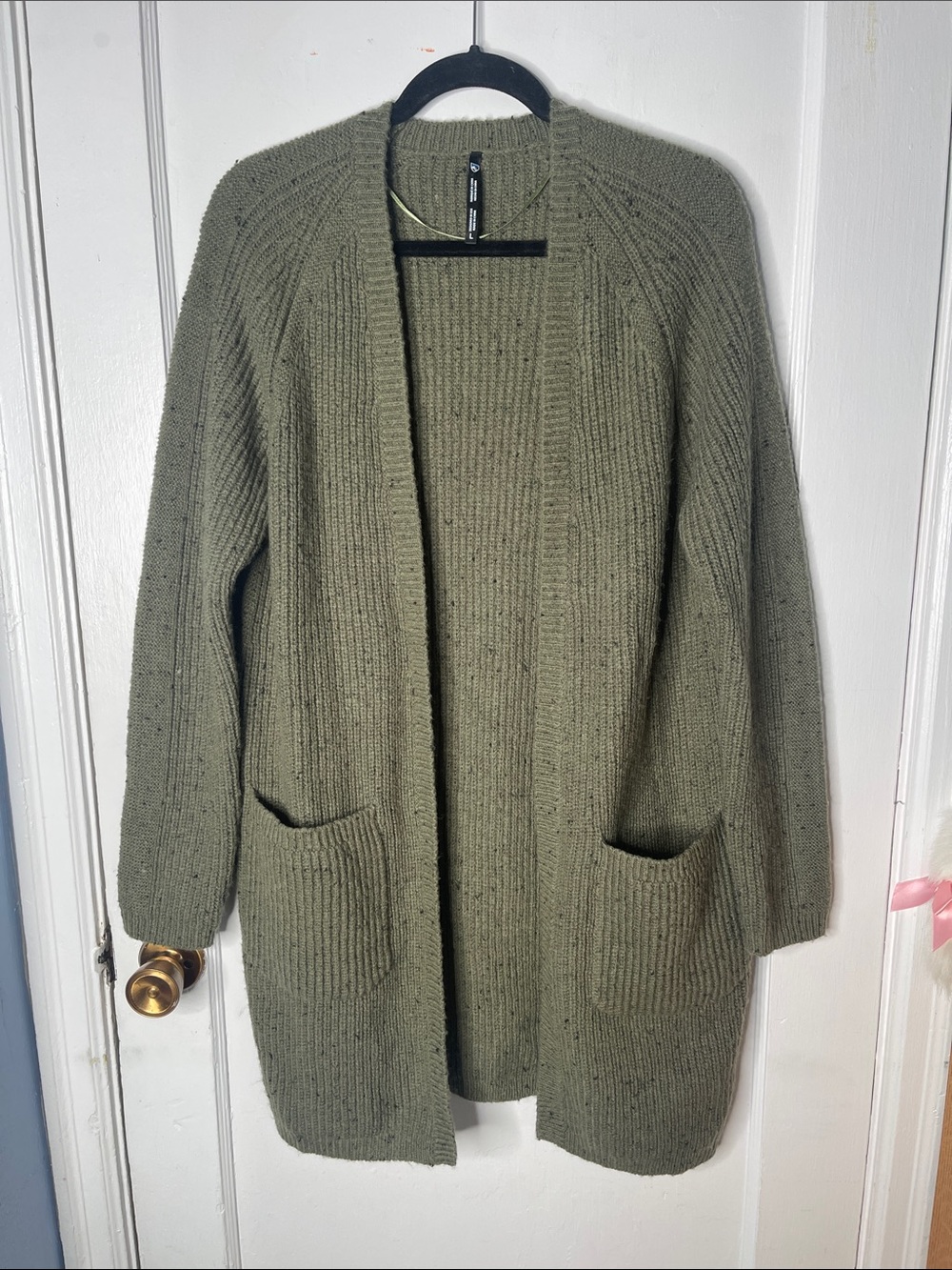 Kuhl Ida Sweater Large Open Wool Blend Cardigan Long Sage Green Army Pockets L